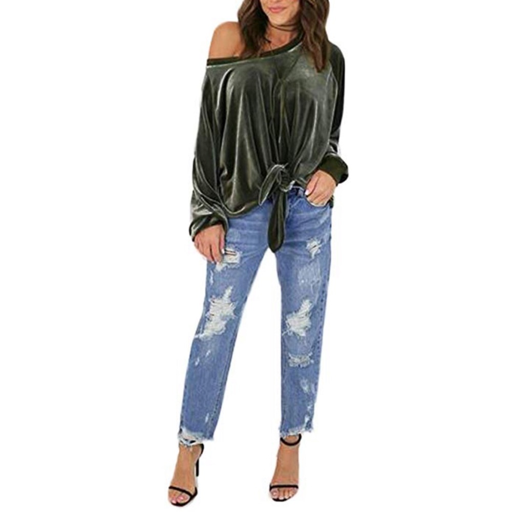 women velvet shirt off shoulder top blouse - Picture 2 of 7